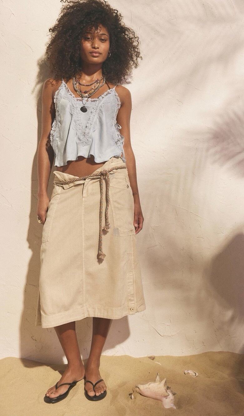 We The Free Sibyla Midi Skirt Morning Oat Boho Utility Coastal Vibe Sz 6